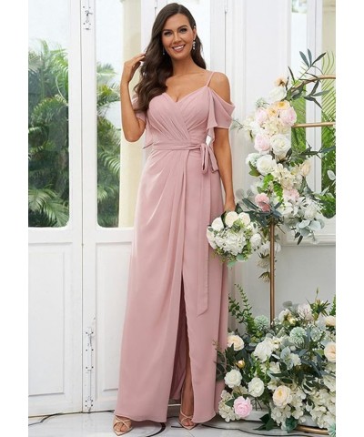 Women's Cold Shoulder Pleated Bridesmaid Dress Long Chiffon Formal Party Dresses with Slit SYYS357 Canary $28.35 Dresses