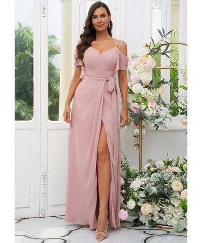 Women's Cold Shoulder Pleated Bridesmaid Dress Long Chiffon Formal Party Dresses with Slit SYYS357 Canary $28.35 Dresses