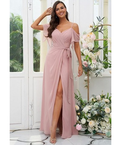 Women's Cold Shoulder Pleated Bridesmaid Dress Long Chiffon Formal Party Dresses with Slit SYYS357 Canary $28.35 Dresses