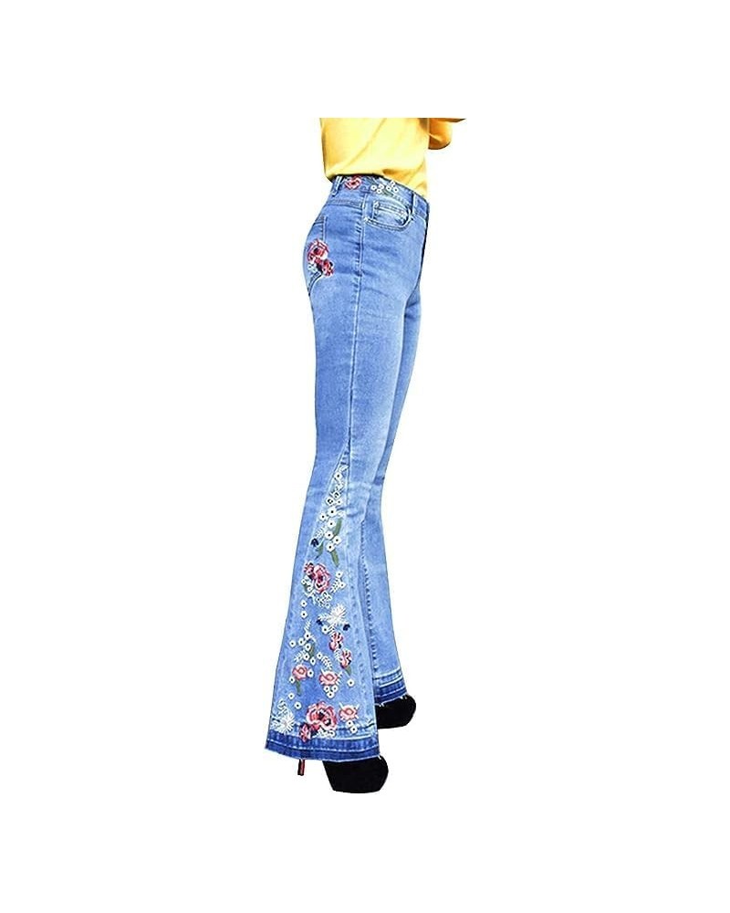 Women Bell Bottom Jeans Embroidered Jeans Gothic Flared Jeans Floral Print Bootcut Jeans Western Bootcut Jeans 02-light Blue ...