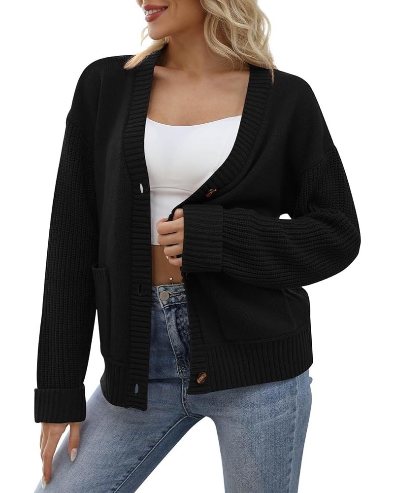 Womens Cardigan Sweaters Open Front Long Sleeve Knit V Neck Button Down Fall Winter Outerwear Coats with Pockets Black $12.25...