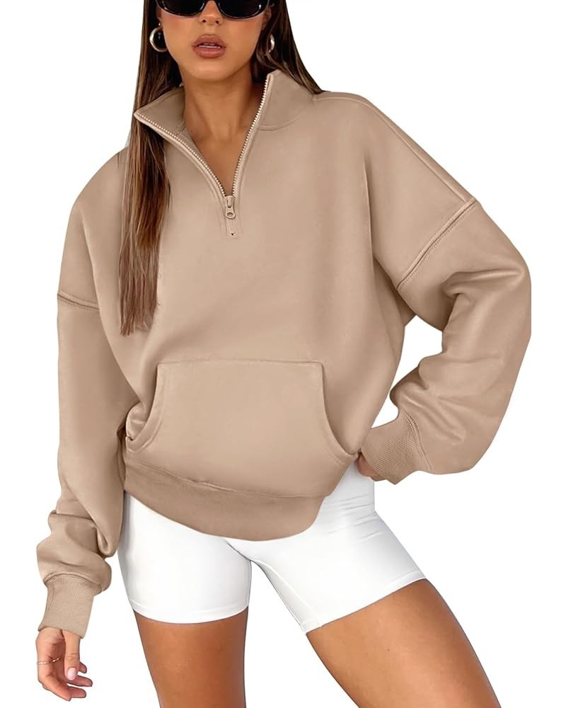 Women's Half Zip Pullover Sweatshirt Oversized Long Sleeve Cropped Trendy Hoodie Outfits with Pocket Shallow Coffee $18.71 Ho...