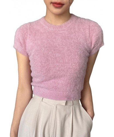 Women's Furry Crop Sweater Round Neck Cap Sleeve Fuzzy Pullover Top Pink $18.01 Sweaters