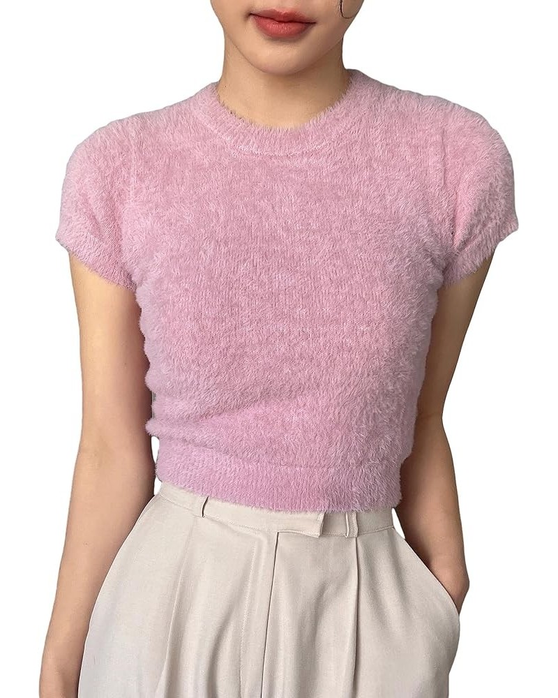 Women's Furry Crop Sweater Round Neck Cap Sleeve Fuzzy Pullover Top Pink $18.01 Sweaters
