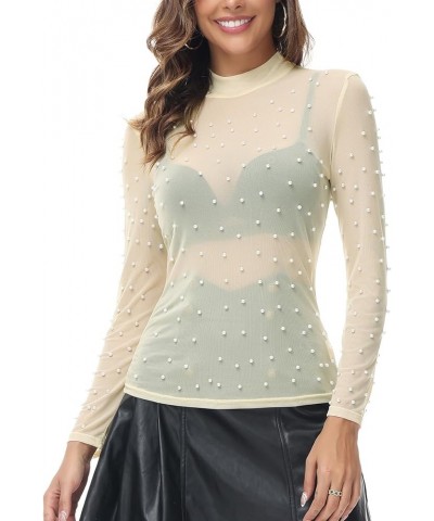 Women's Mesh Tops Long Sleeve Sheer Blouse Sexy Shirt High Neck Clubwear Apricot-p $14.52 Tops