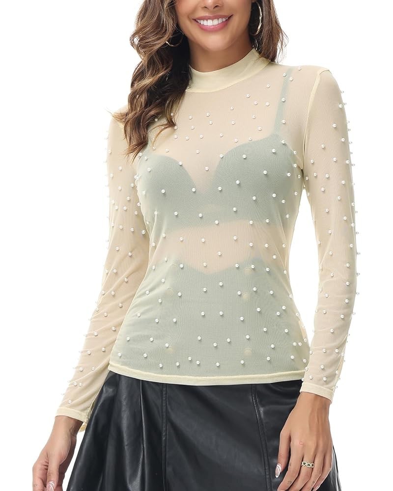 Women's Mesh Tops Long Sleeve Sheer Blouse Sexy Shirt High Neck Clubwear Apricot-p $14.52 Tops