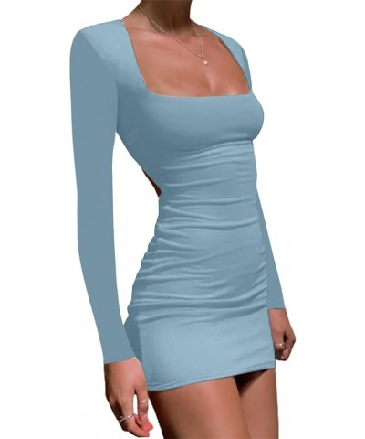 Women's Square Neck Bodycon Dress Long Sleeve Party Mini Dress Blue $17.52 Dresses