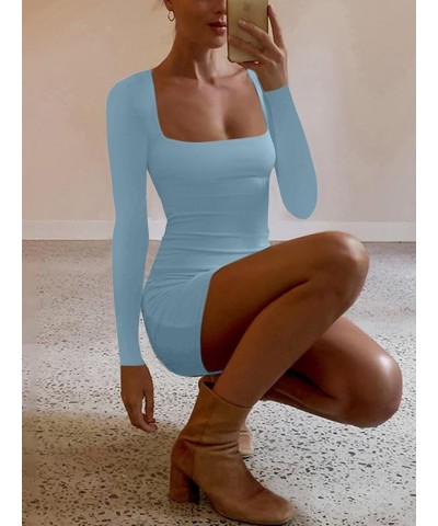 Women's Square Neck Bodycon Dress Long Sleeve Party Mini Dress Blue $17.52 Dresses