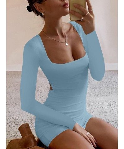 Women's Square Neck Bodycon Dress Long Sleeve Party Mini Dress Blue $17.52 Dresses